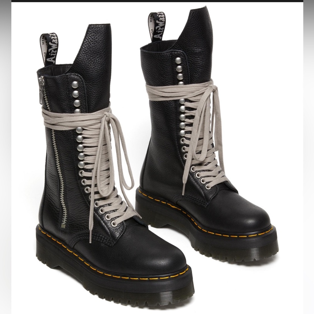 Dr Martens × Rick Owens amphibious 1918 Ro lace up black combat platform boots.